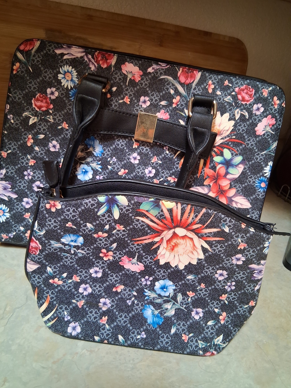 Floral Black Tote and Zip Pouch Set - Stylish Women’s Handbag